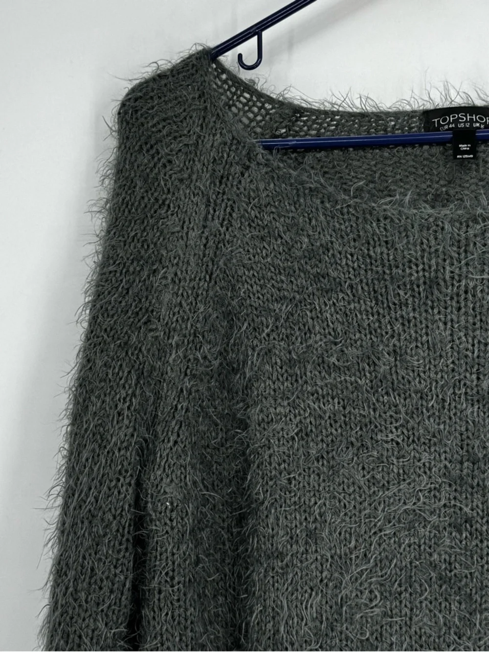 Women’s Topshop Size 12 Gray Green Acrylic/Nylon Eyelash Pullover Tunic Sweater